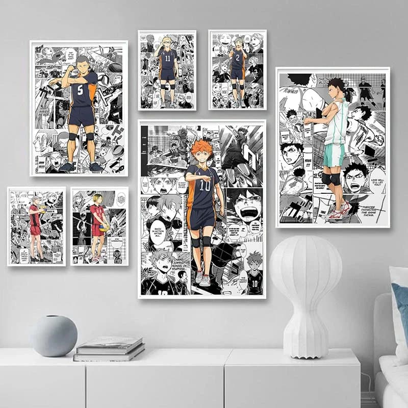 Pittura su tela Wall Art Haikyuu Poster in bianco e nero Pop Anime Figura Manga Bambini Kawaii Room Decor Pallavolo Poster Regalo