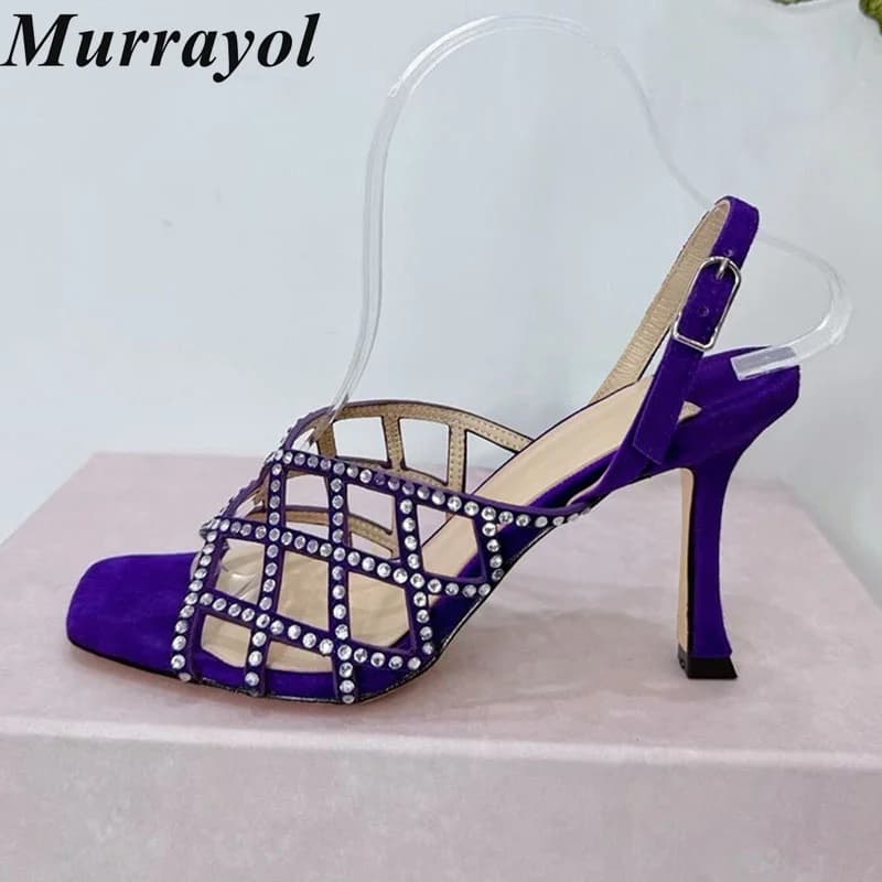 Sandals Summer Mesh Square Toe Thin High-Heels Women Ankle Strap Bling Rhinestone Decor Back Strap Sandals Party Dress Shoes