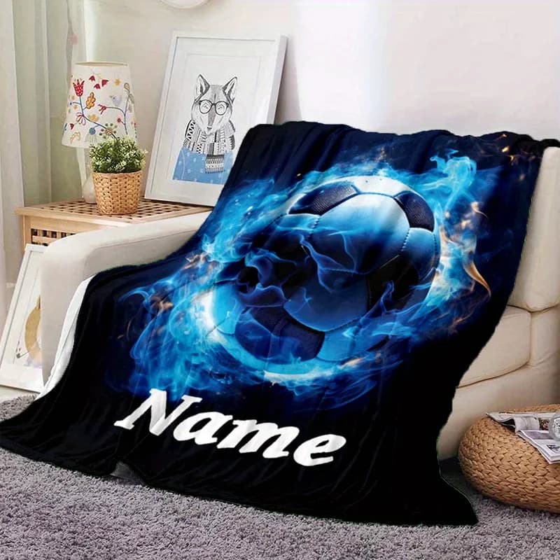 Personalized football sports flannel blanket, custom name - polyester fiber, suitable for travel and all seasons