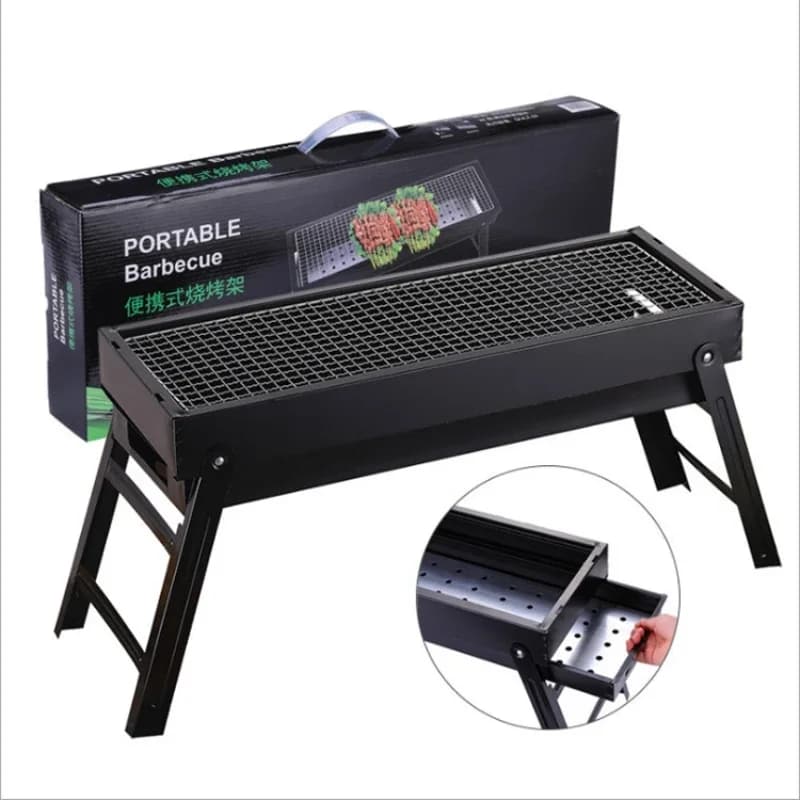 Portable outdoor barbecue grill, folding, smoke-free, for camping, with thickened stove
