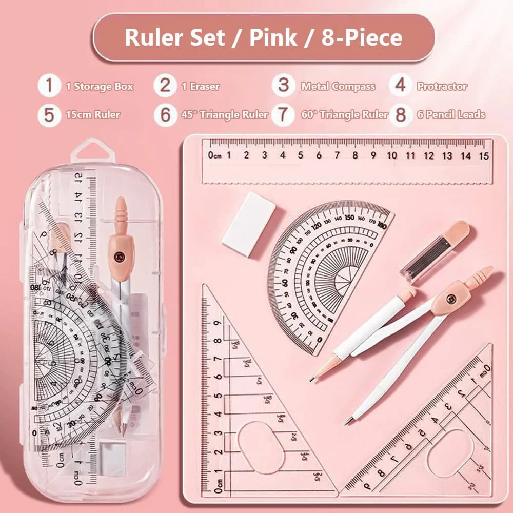 8 pz/set bussole righello in plastica set gomma trasparente goniometro set righello dritto strumento di disegno quadrato ufficio scolastico