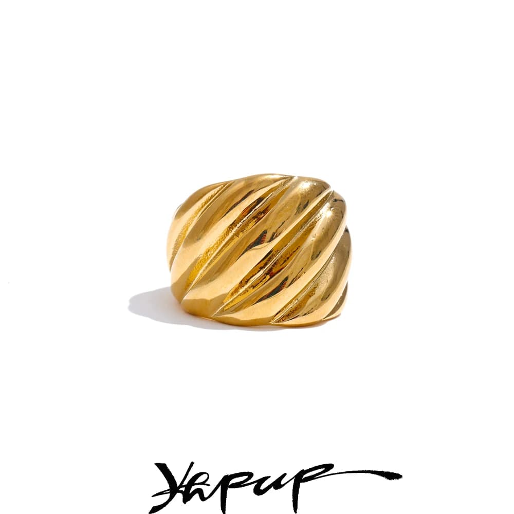 Yhpup 6789# Fashion Metal Striped Geometric Wide Ring Charm Texture Stainless Steel 18K Real Gold PVD Plated Finger Jewelry New