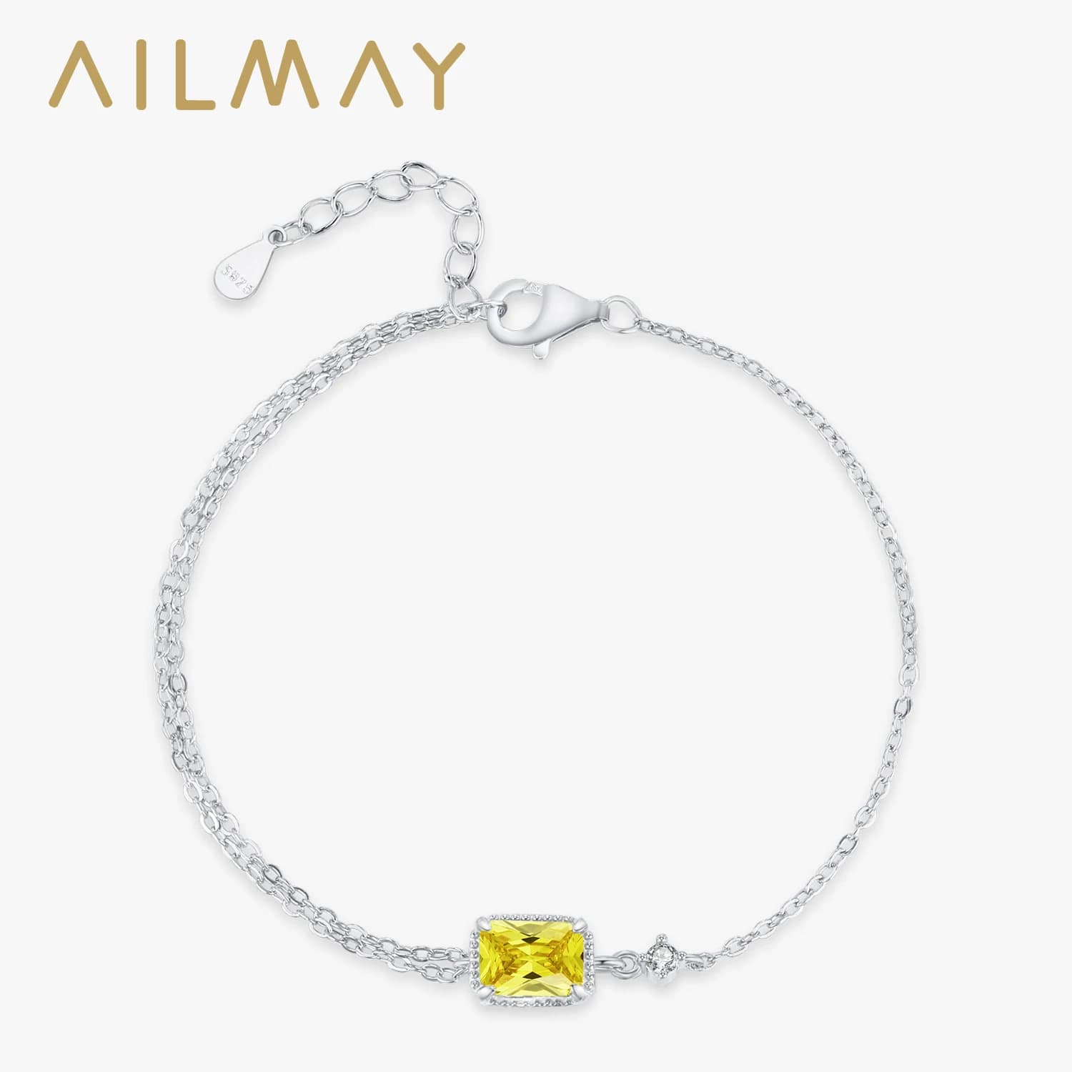 Ailmay 925 Sterling Silver Sparkly Bright Yellow Zircon Rectangular Chain Bracelets For Women's Everyday, Vacation And Dating We