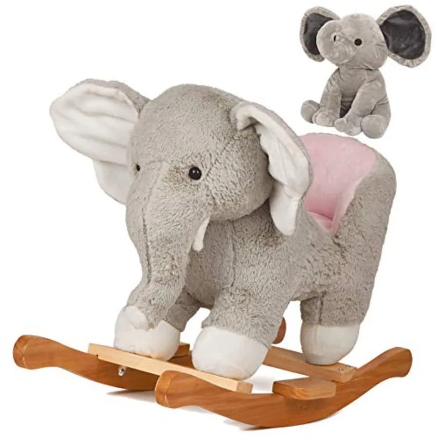 Cavallo a Dondolo in Legno a Forma di Elefante per Bambini con Base, Cintura di Sicurezza e 1 Peluche a Forma di Elefante per Bambini Piccoli