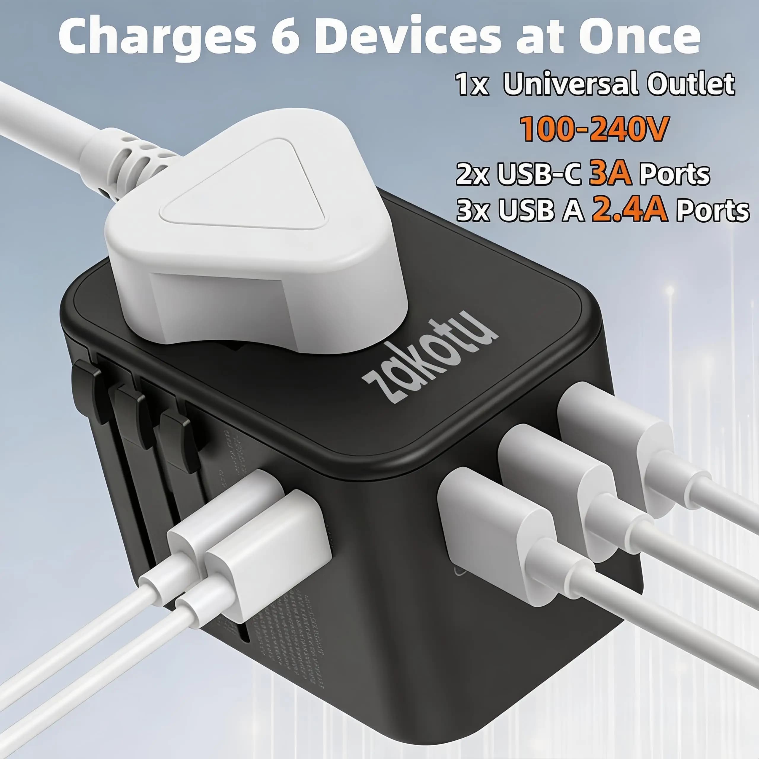 Universal Travel Adapter 35W Fast Charge 6-in-1 1 AC + 5 USB Ports PD QC3.0 100-240V Worldwide Power Plug.