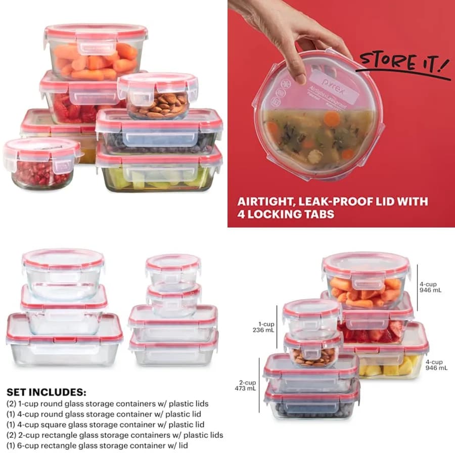 Set di Contenitori in Vetro Freshlock per Alimenti (1, 2, 4 Tazze), Ermetici e Antisgocciolamento con Coperchi in Plastica con Chiusura, Senza BPA, per Preparazione Pasti