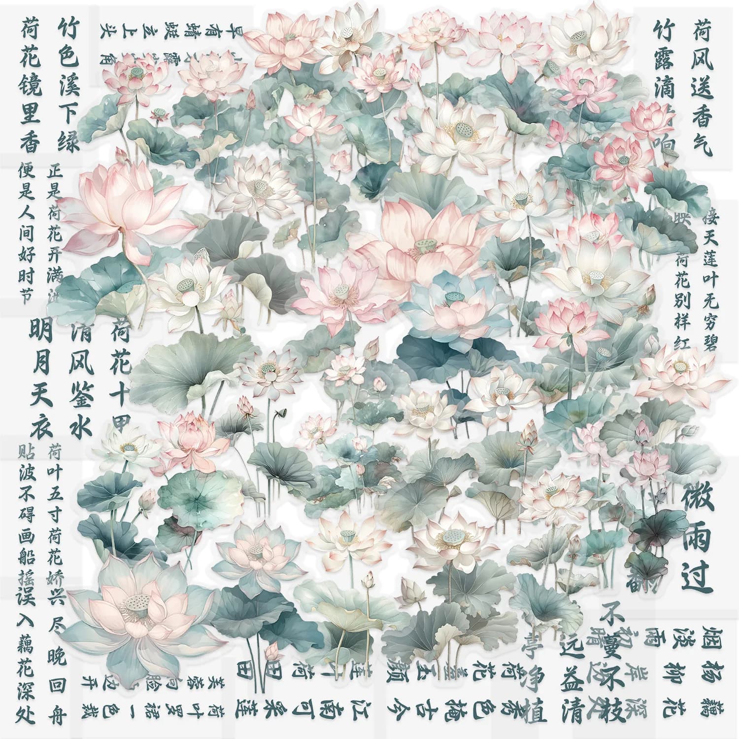 50Pcs Chinese Lotus Characters Stickers Aesthetics Transparent for Phone Case Laptop Notebook Suitcase Skateboard Sticker