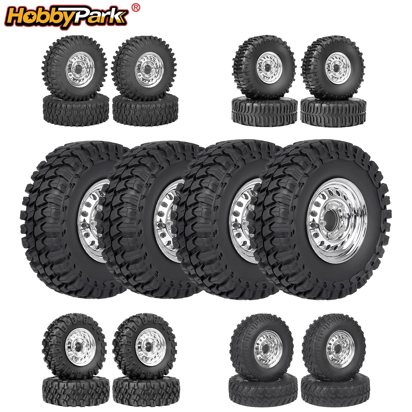 HobbyPark Chrome Steel 1.0 Beadlock Wheels & Tires Negative Offset for 1/24 Axial SCX24 FCX24 Upgrades Parts