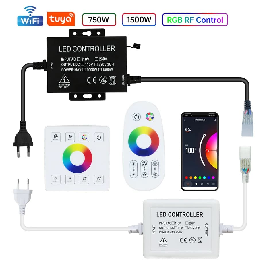 Intelligent RGB controller 220V 750W/1500W with Tuya WiFi/RF EU/AU/UK socket for LED neon strip 4 pin and touch panel remote control