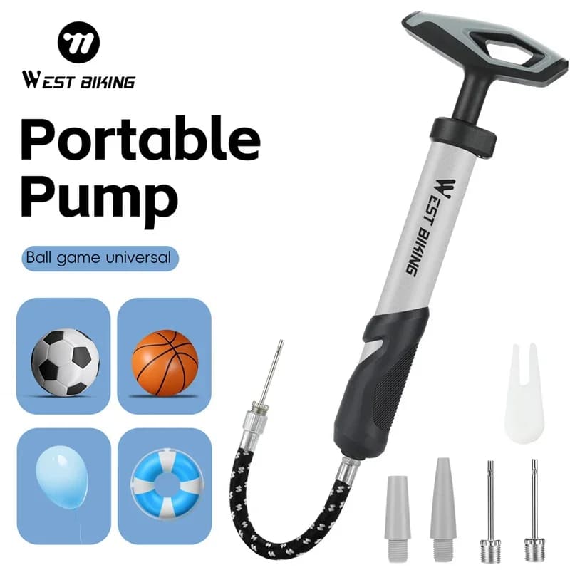 WEST BIKING Pompa d'aria manuale portatile con tubo di prolunga per palloncino, basket, calcio, nuoto, aghi d'aria multipli