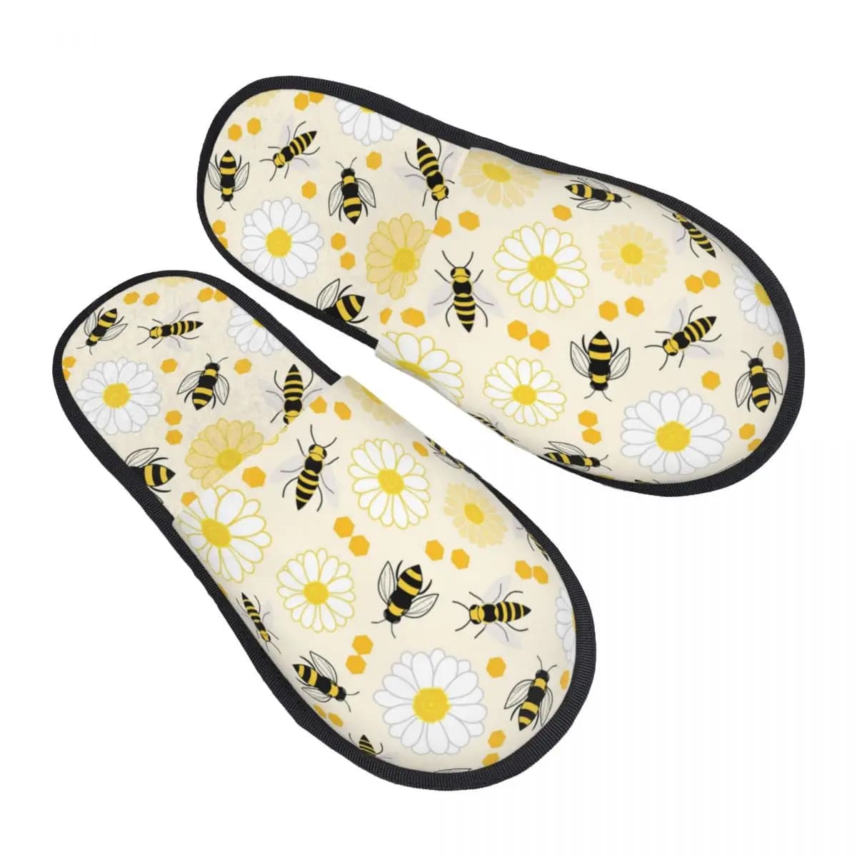 Custom memory foam Slippers with black honey bees and flowers, comfortable women's hot home slippers