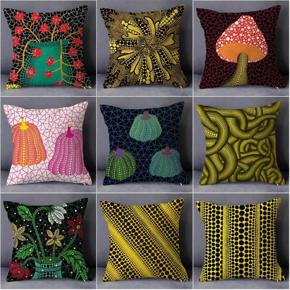 Yayoi Kusama Dots pillow case, 2D print on both sides, soft cover in hidden zippered plush, artistic decoration for sofa, gift with bold style.