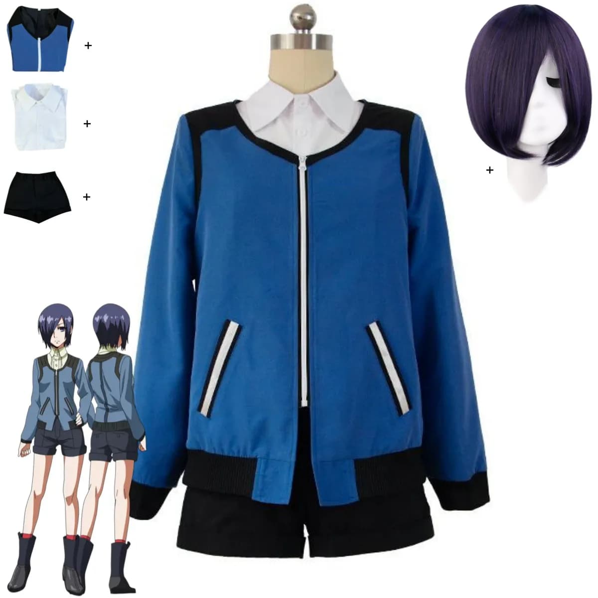 Anime Tokyo Ghoul Touka Kirishima Costume Cosplay Blu maniche lunghe Felpa con cappuccio Cappotto Camicia Parrucca Uomo adulto Donna Abito di carnevale sexy