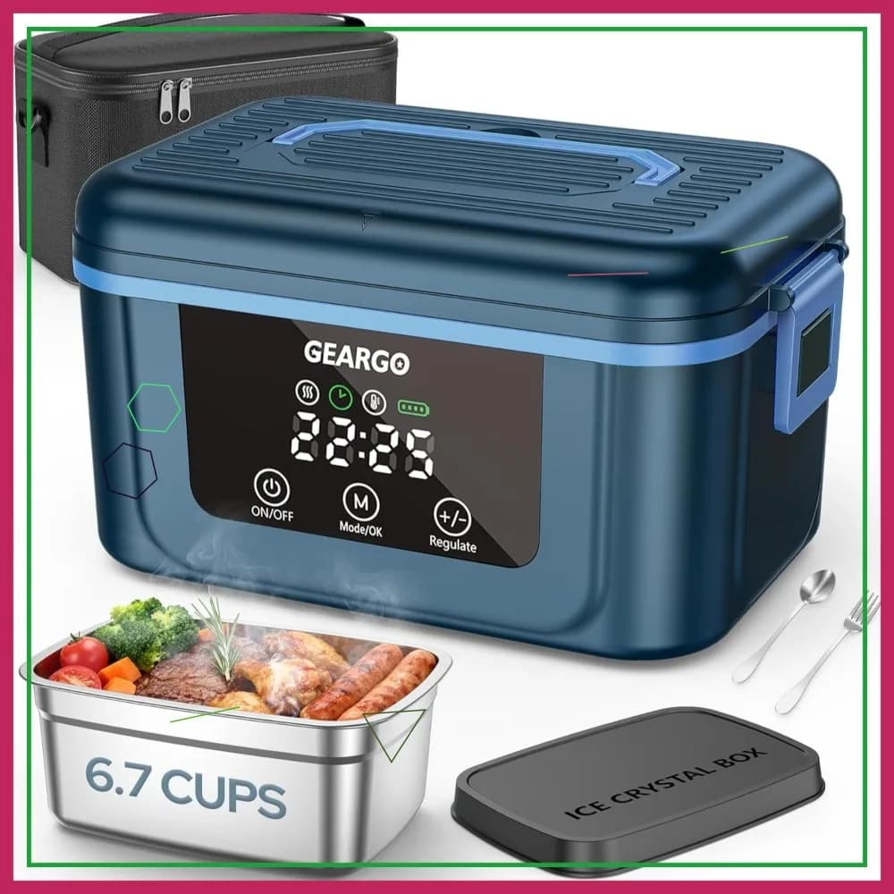 Scatola Pranzo Riscaldabile Ricaricabile da 1.6L 24000mAh con Scatola per Cristalli di Ghiaccio, Timer 24 Ore, Scaldavivande Automatico per Lavoro, Viaggi, Blu
