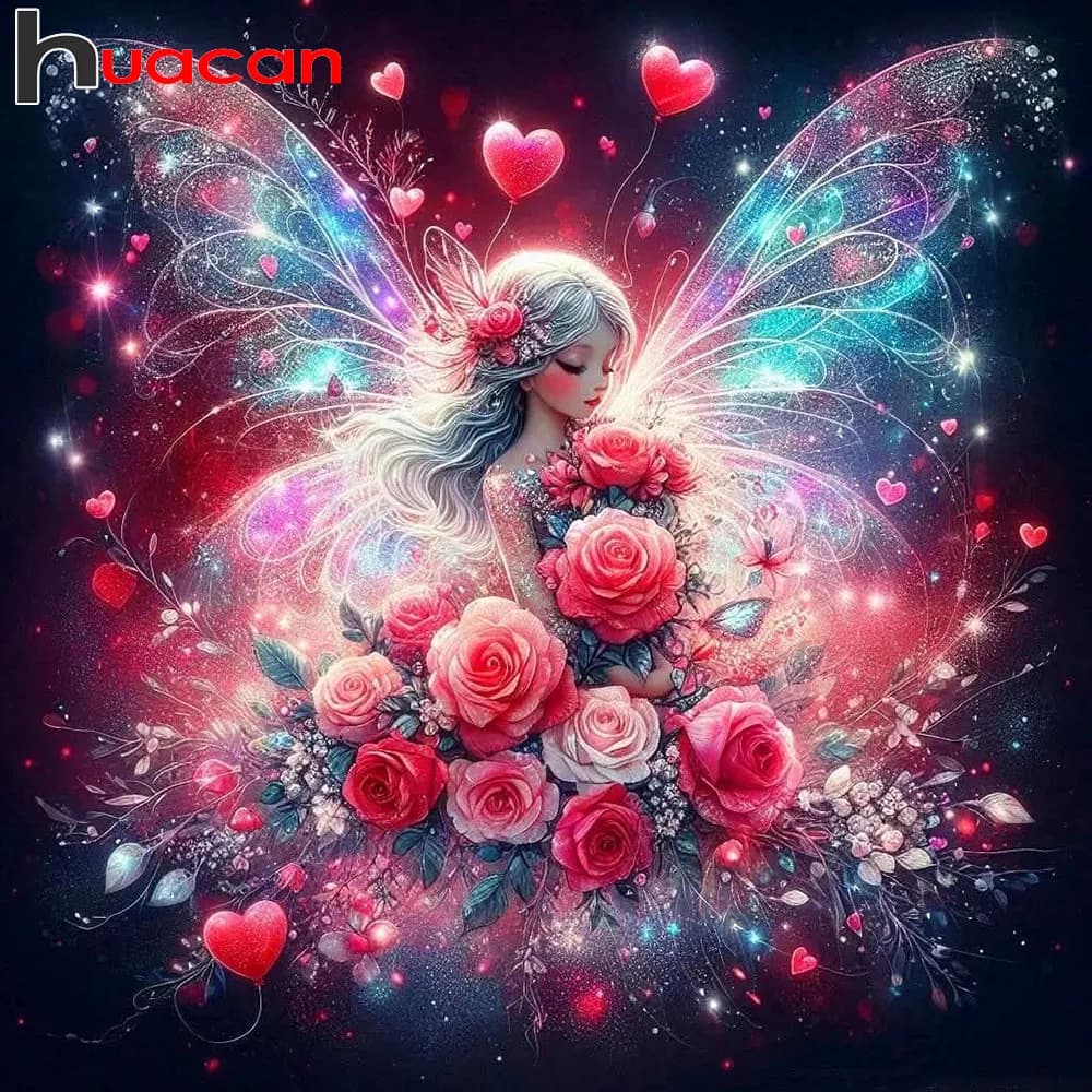 Huacan Diamond Painting Rose Butterly Fairy Diamond Embroidery Portrait Complete Kit Rhinestone Pictures