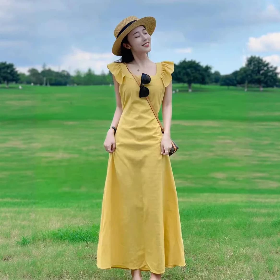 Elegant Pure Color Women's Sleeveless Cotton Linen Blend Dress Summer New Style Midi Skirt Casual Comfortable Breathable