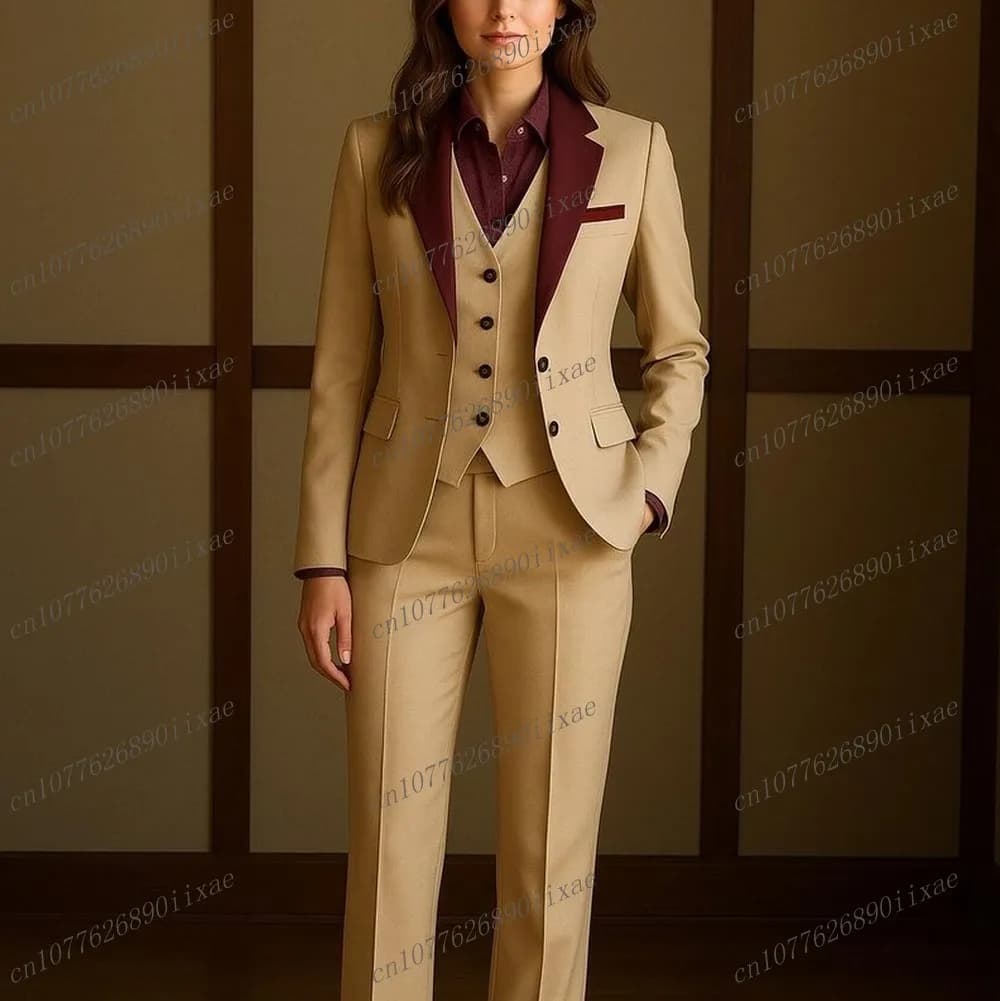 Colletto bordeaux Champagne Abiti da donna Smoking da lavoro da donna Madre Festa di nozze Formale da donna Set da 3 pezzi Giacca Gilet Pantaloni