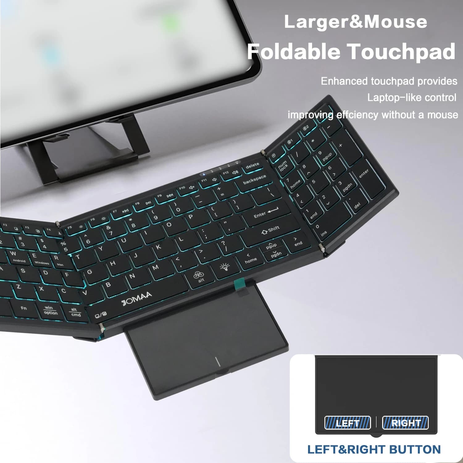 Tastiera touchpad wireless portatile Bluetooth dual mode con retroilluminazione RGB, tastiera da ufficio pieghevole a 98 tasti per PC/laptop/Mac-Nero