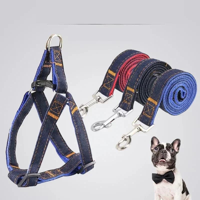 Durable Denim Dog Harness and Leash Set Reinforced Stitching Tear-Resistant Adjustable Pet Vest for Small Medium Large Dogs