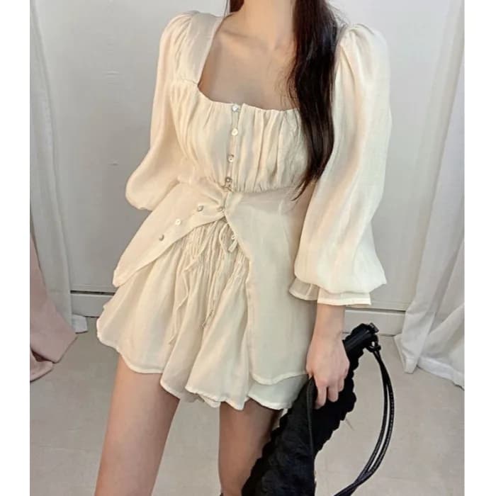 Korean Style Sun Protection Shirt And High Waist Wide Leg Shorts Set for Women with Bow Tie Bubble Sleeves Spring Autumn
