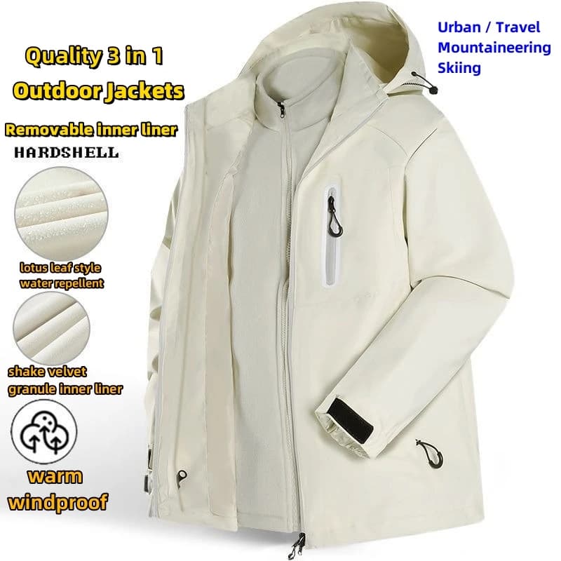 Giacche da trekking all'aperto 3 in 1 Giacca con cappuccio da campeggio unisex Giacca staccabile Shell e vaso interno 2 pezzi / set Cappotto da uomo caldo da sci antivento