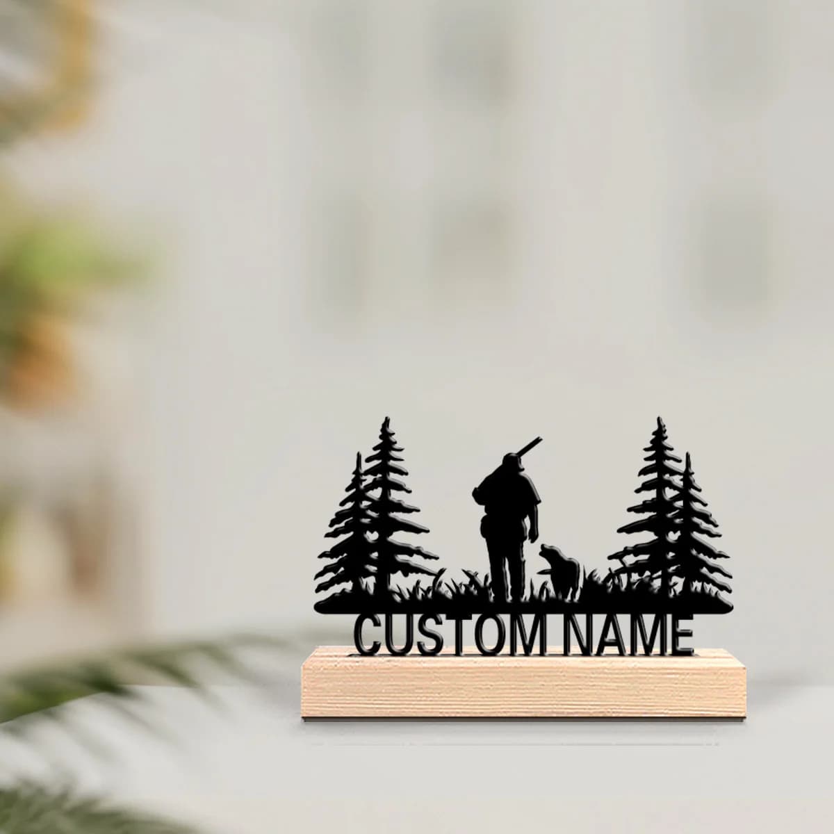 Statua in Metallo Personalizzata di Cacciatori e Cani da Caccia con Base in Legno, Decorazione da Tavolo a Tema Caccia per Esterni