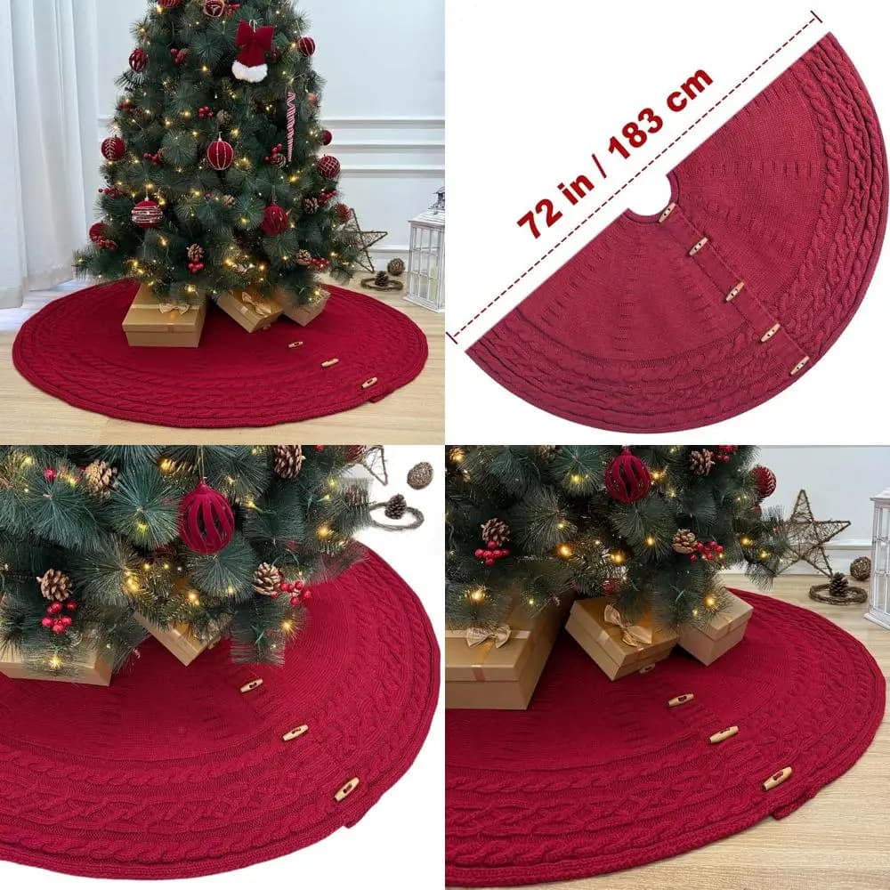Gonna per albero di Natale in maglia a trecce bordeaux 72 con ginocce in legno