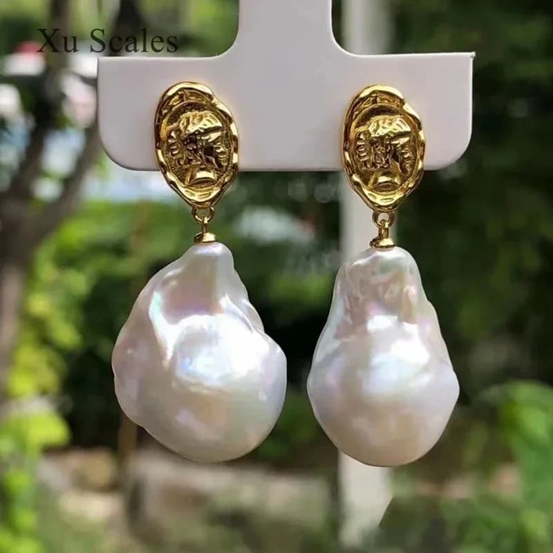 Naturale d'acqua dolce colorato Aurora bianco 15-25mm orecchini di perle barocche Retro corte monete d'oro regina testa gioielli regalo per le donne