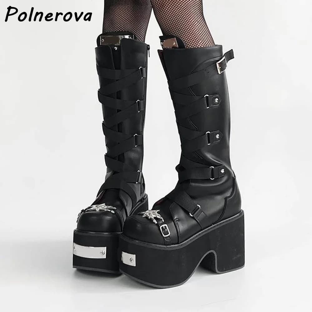 Stivali al ginocchio con plateau Gothic Star neri e bianchi, tacco grosso con cinturini a croce, scarpe in metallo stile Rock Y2K Dark Punk