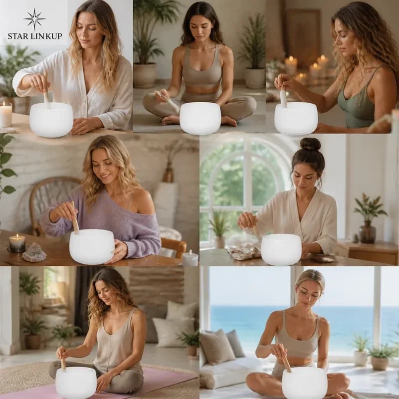STAR LIN KUP 432Hz White Frosted Crystal Singing Bowl 7 Chakras Totem Print with Mallet Bag Accessories Meditation Healing