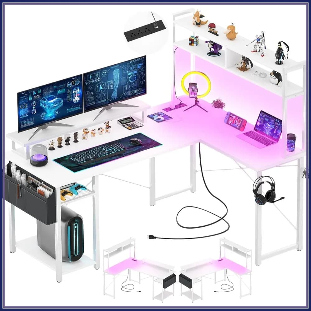 Piccola scrivania a L con porta di ricarica e striscia LED, scrivania angolare reversibile per computer con supporto per monitor e ripiano portaoggetti, bianca
