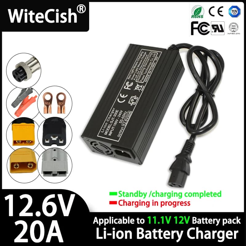 Caricatore intelligente da 12,6 V 5A 10A 20A Custodia in alluminio per batteria agli ioni di litio 3S 11,1 V 12 V Caricatore rapido con ventola di raffreddamento incorporata