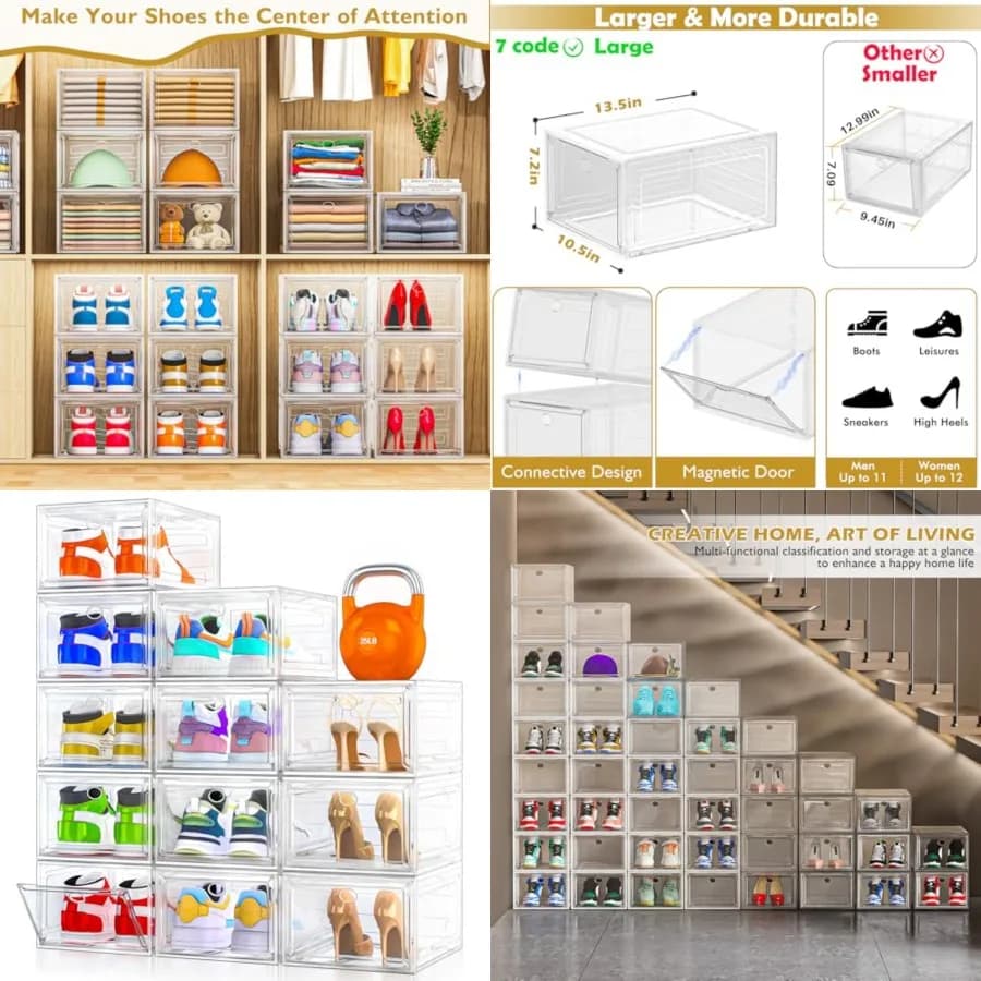 Set di 12 Organizzatori Trasparenti con Porta Magnetica, Scatole Impilabili in Plastica per Scarpe da Ginnastica, Stivali e Tacchi, Pieghevoli e Salvaspazio