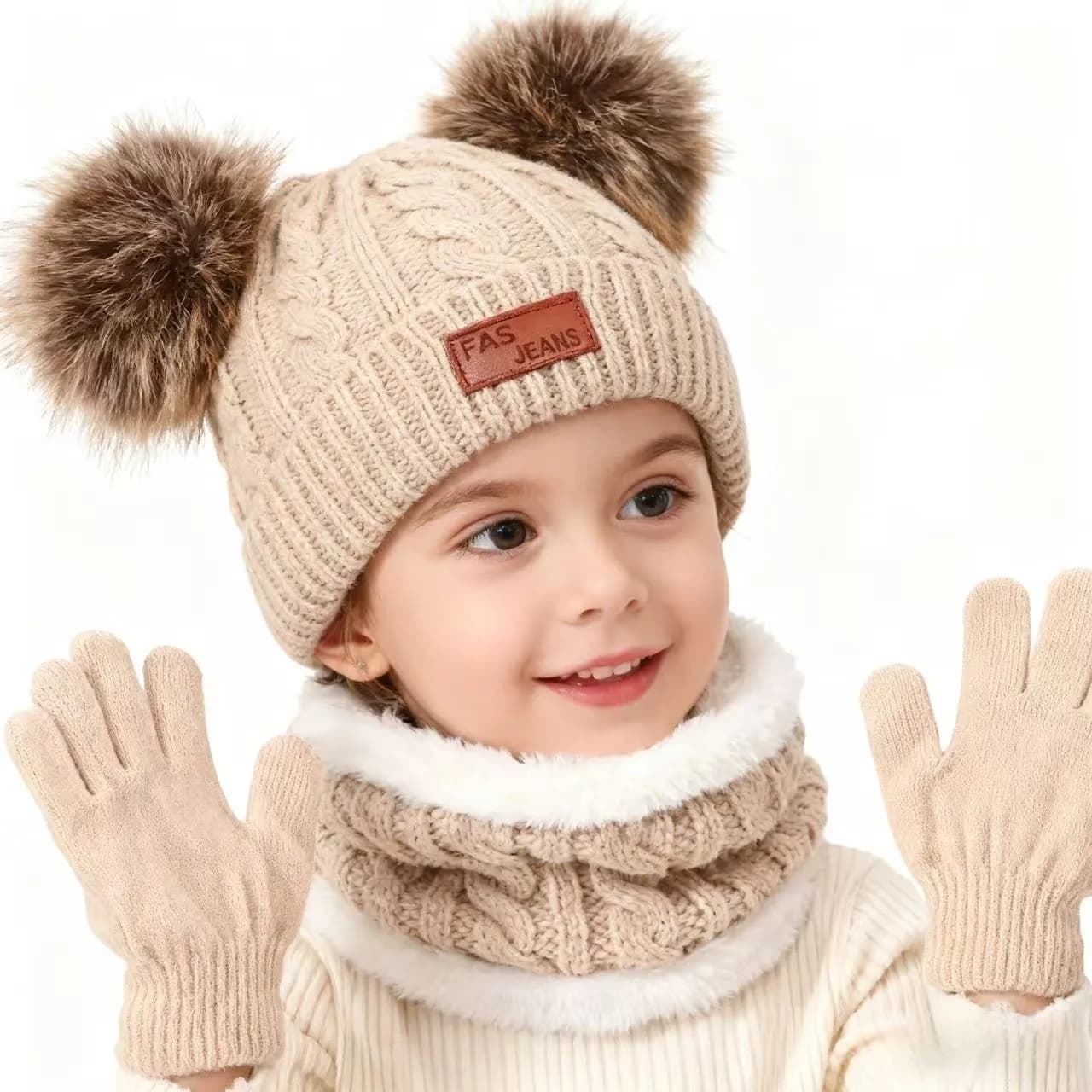 Guanti sciarpa per cappello invernale per bambini per la stagione fredda Set da 3 pezzi Berretto lavorato a maglia con doppio pompon per ragazzi e ragazze