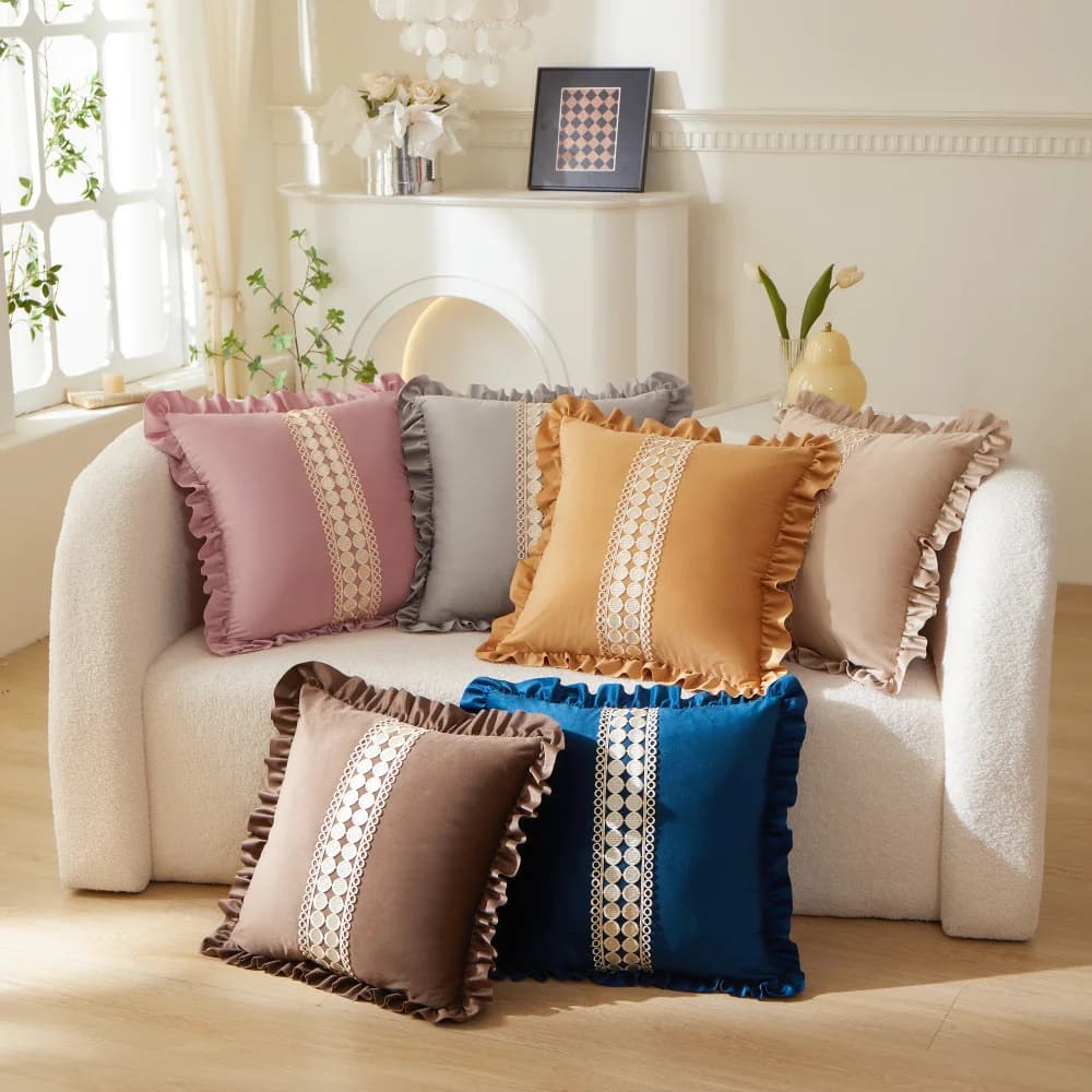 Fodera per cuscino in velluto olandese a 2 pezzi con bordo arricciato, tinta unita, con patchwork in pizzo, morbida, decorativa per divano e letto