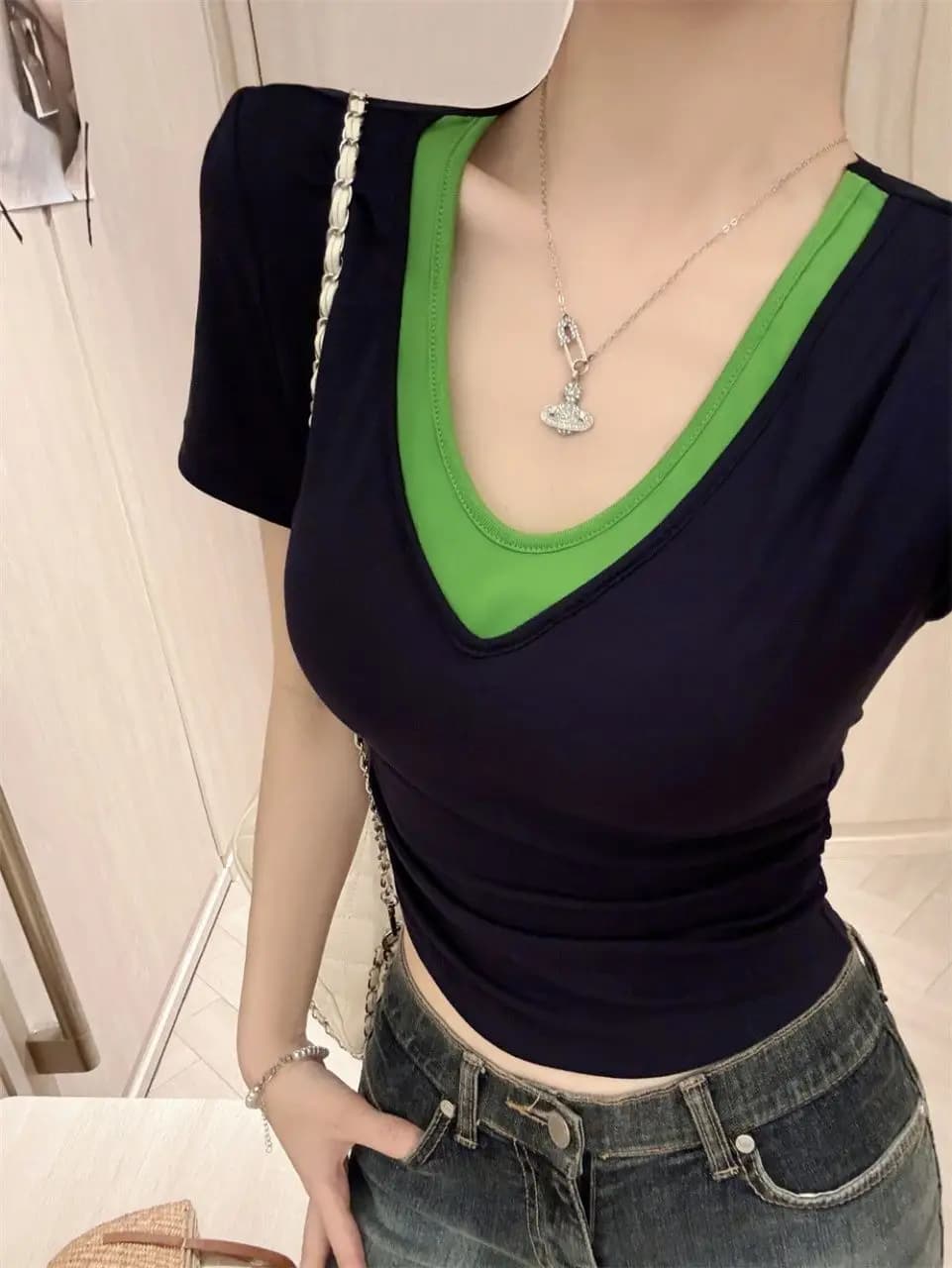 T-shirt slim fit a maniche corte da donna, estivo, alla moda, a vita alta, snellente, casual, scollo a V, color block, imbottito, stile sexy da ragazza