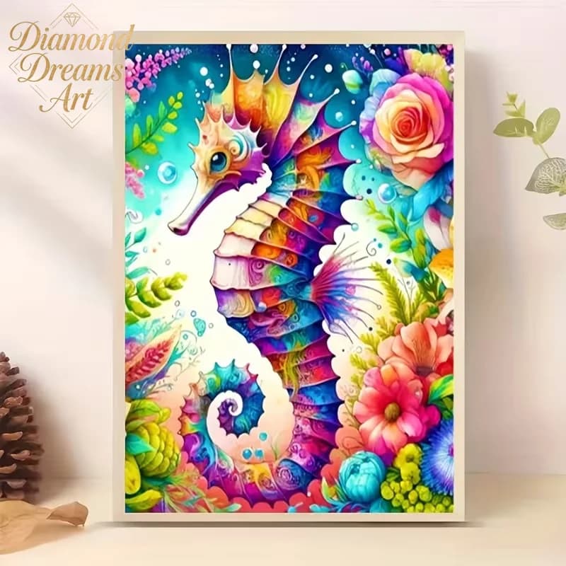 Set Pittura Diamante 5D Fai da Te Senza Cornice - Motivo Cavalluccio Marino Colorato, Ricamo Artistico con Diamanti Rotondi Completi, Kit per Principianti con Diamanti ad Acqua