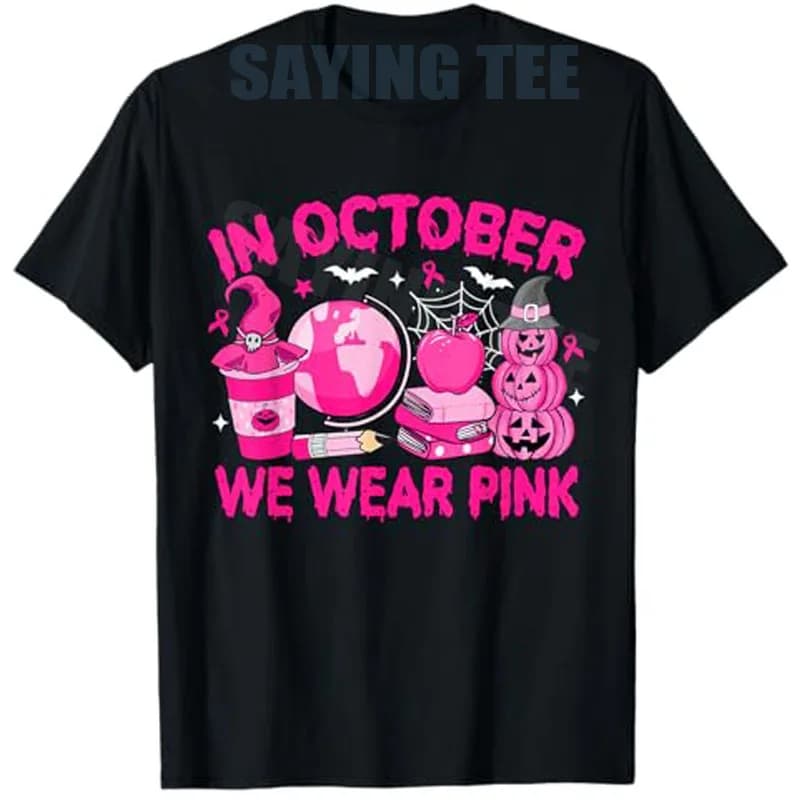 In ottobre Indossiamo una maglietta rosa per insegnante di consapevolezza del cancro al seno, insegnante di SPED che dice tee, regalo per costume di Halloween fantasma con nastro rosa