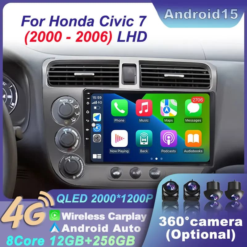 Android 15 2K Android Auto Multimedia Video Radio WIFI Reader for Honda Civic 7 2000-2006 LHD Auto GPS AI Voice Stereo CarPlay 4G
