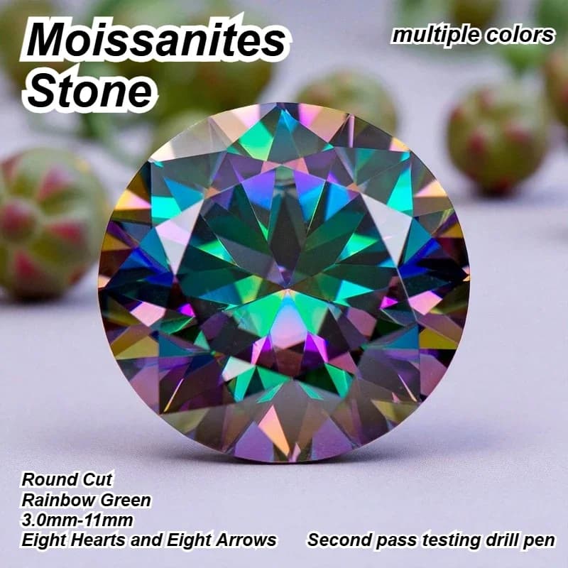 Moissanites Stone Round Cut Rainbow Green 3.0mm-11mm Top Quality Eight Hearts and Eight Arrows Gemstones Certificate