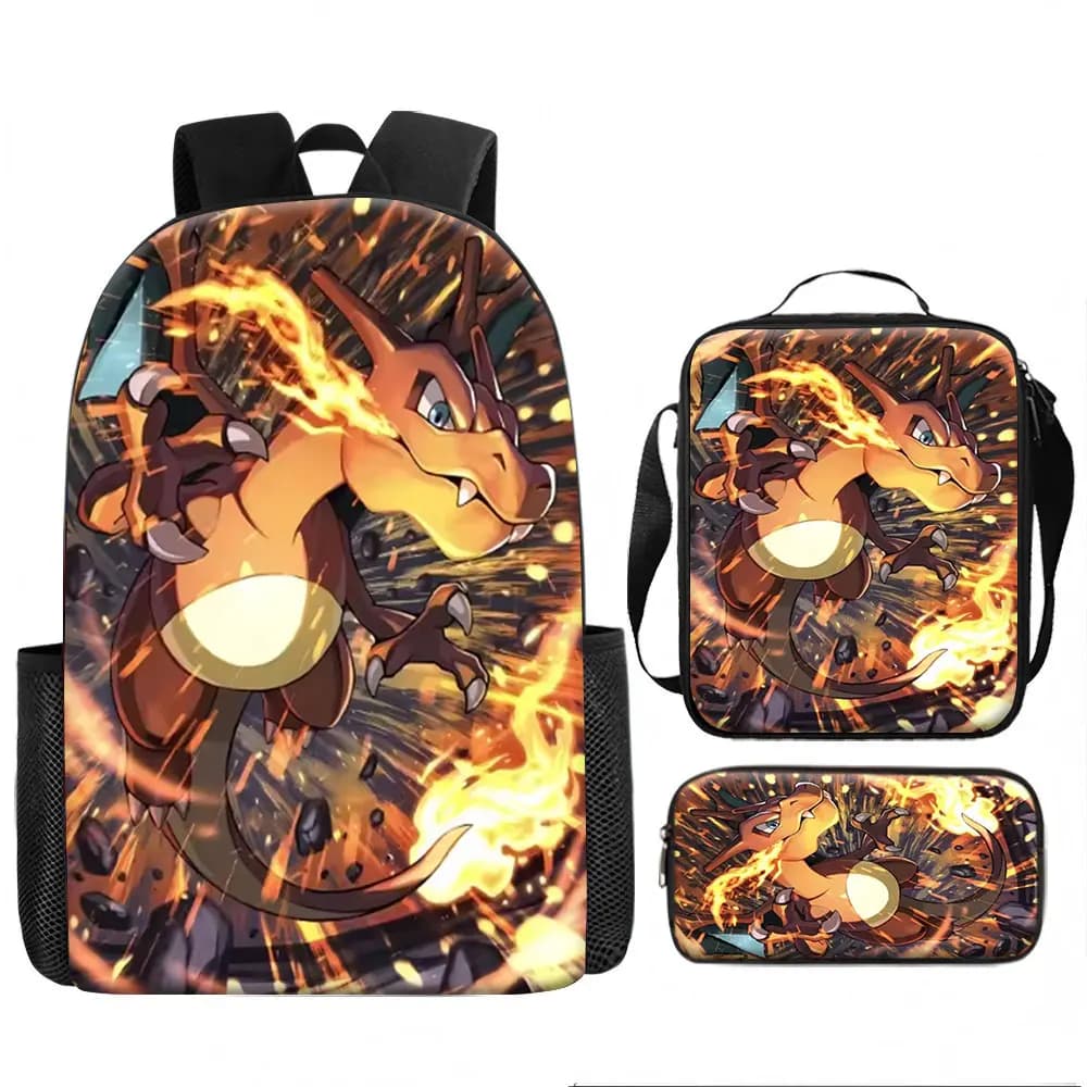 Kids Bag,Pokemon,Charizard 3pcs Backpack Set Flame Explosion Print Breathable Canvas School Bag for Kids Students