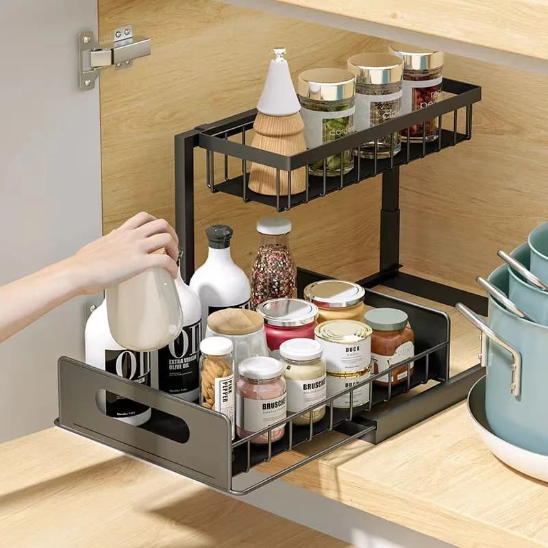 Organizzatore estraibile sotto il lavandino a 2 livelli, scaffale portaoggetti in plastica multiuso, organizer per armadio scorrevole per cucina e bagno