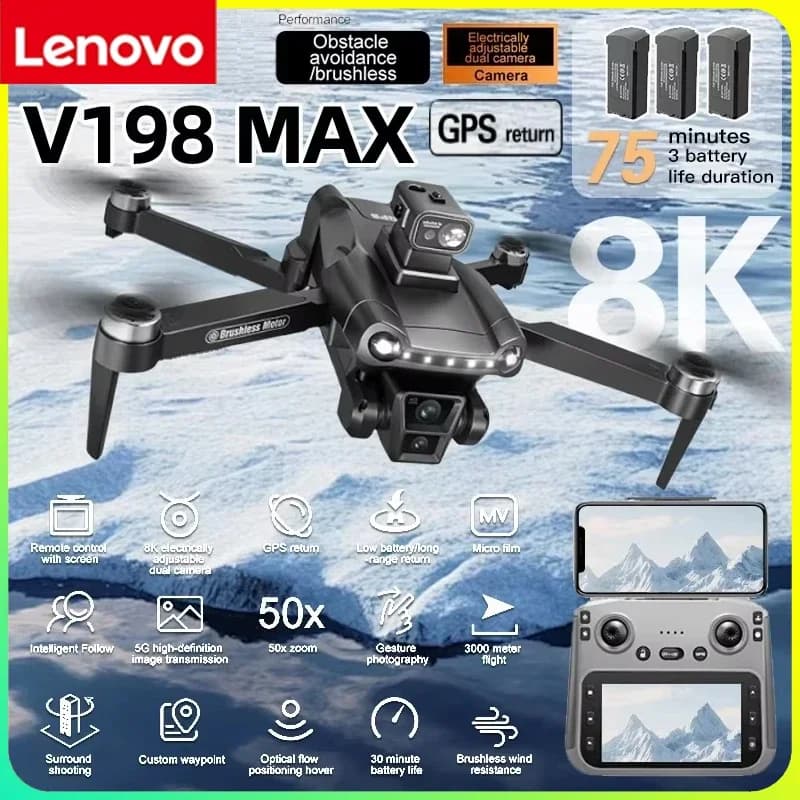 Lenovo V198 MAX GPS Drone,8K Camera, Laser Obstacle Avoidance, FPV, Brushless Motor, Foldable Quadcopter with LargeScreen Remote