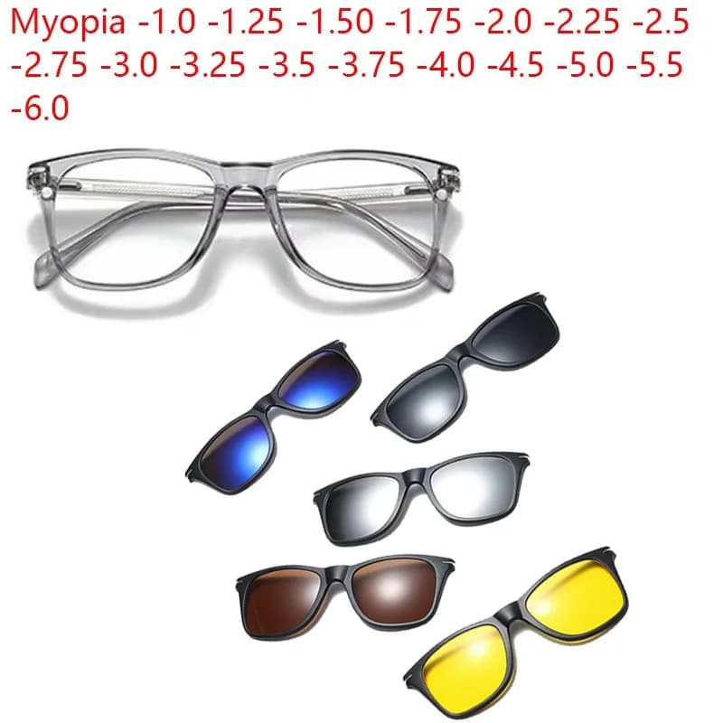 6 In 1 Prescription Glasses Transparent Grey Myopia -0.5 To -10 Cat Eye Magnetic Sunglasses Clip Spring Mirror Leg Can Custom