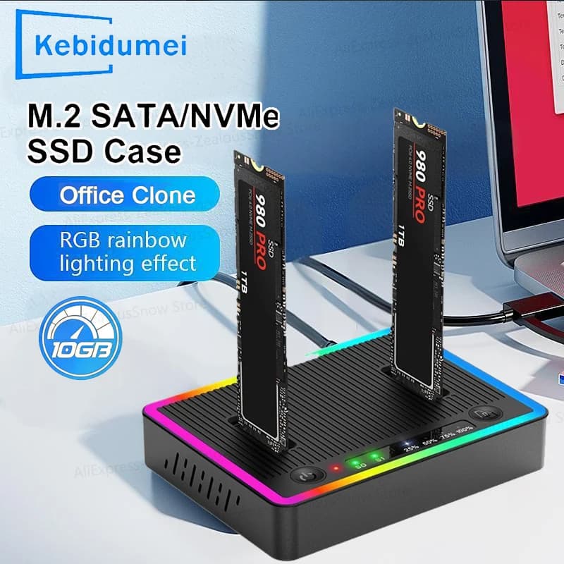 Docking station per disco rigido dual-bay M.2 NVMe/SATA Disco rigido clone offline Duplicatore SSD M.2 Custodia adattatore SSD USB3.2 GEN2