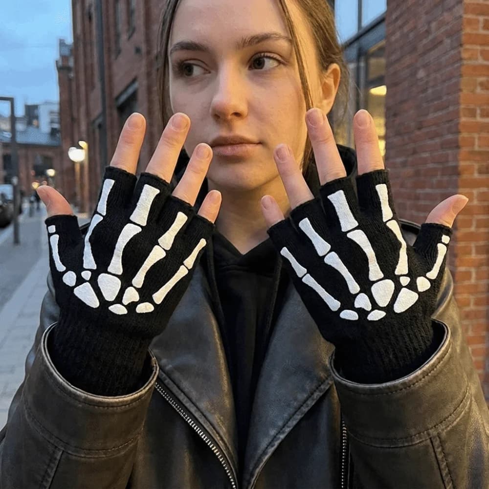 Polyester Skeleton Print Gloves Glow In The Dark Stretchy Material Knitted Half Finger Gloves Black Fluorescent Breathable