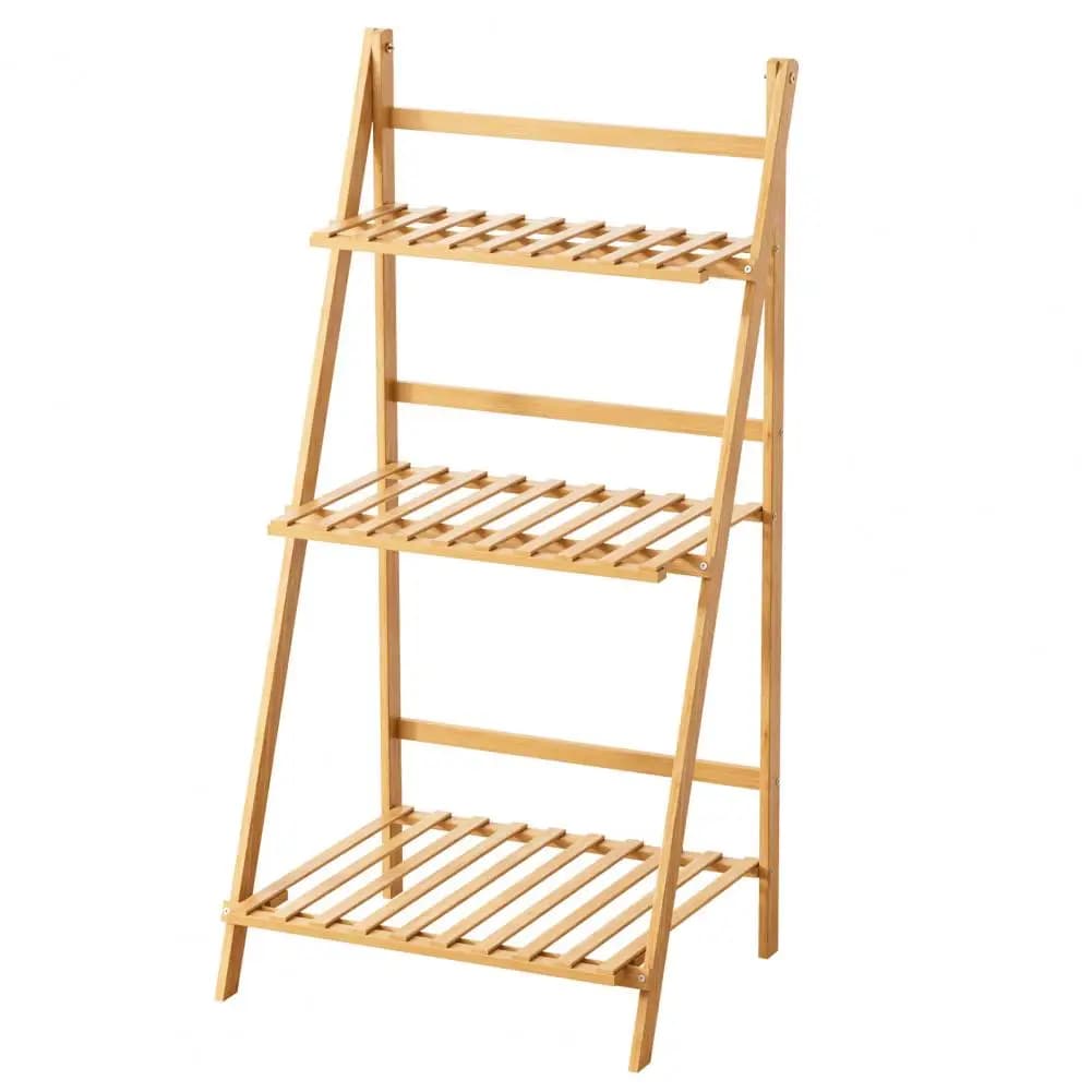 3-Tier Bamboo Ladder Plant Shelf, Foldable Display Rack For Pots, Sturdy Indoor Outdoor Balcony Organizer Easy Assembly