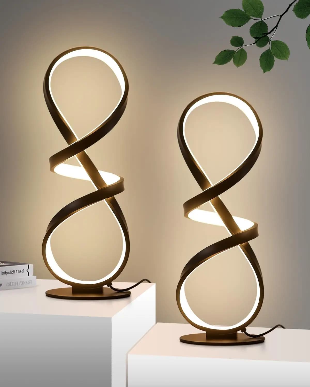 Set of 2 Dimmable Spiral LED Table Lamps, 3 Color Temperatures, Modern Bedside Table Lamp for Living and Bedroom, Black
