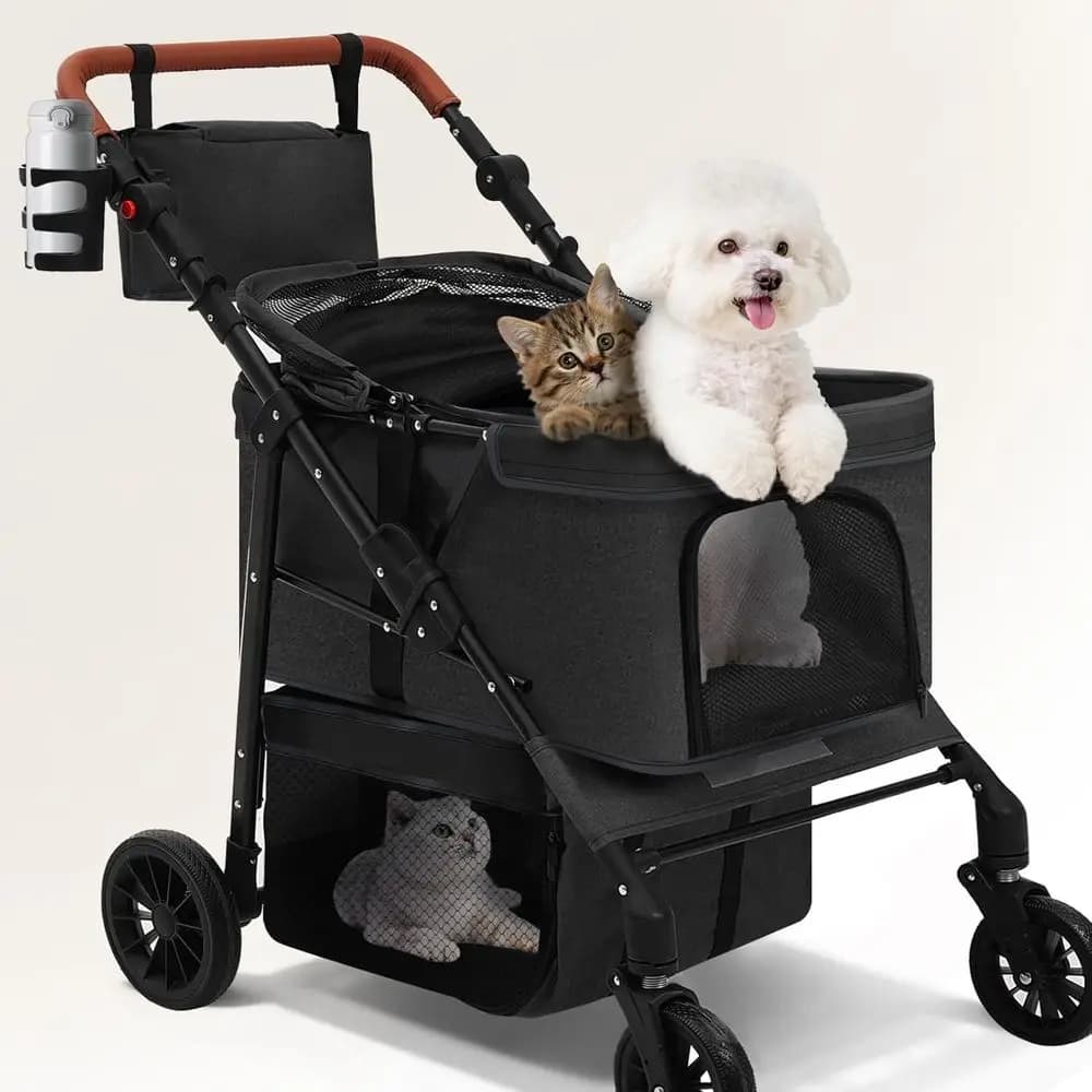Trasportino per Animali Domestici a 4 Ruote per Tutti i Terreni con Rotazione a 360° ° Rotazione, Maniglia Regolabile, Portabicchieri, Cestino Portaoggetti, Facile da Piegare, Ventilato e