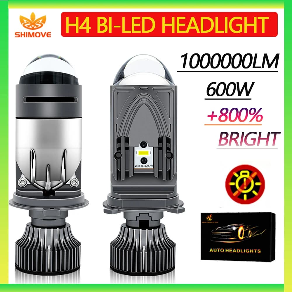 Faro a Proiettore Bi-LED H4 900.000LM 6000K con Conversione Abbaglianti/Anabbaglianti, Mini Doppia Lente, Lampadine per Auto/Moto con Ventola Turbo